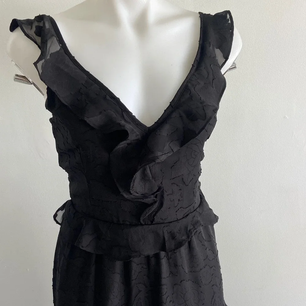 Heartloom Black Burnout Floral Ruffle Midi Dress Smocked Back Cutout Size M